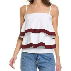 Tory Burch Sage Tiered Ruffle Spaghetti Strap Top White Maroon NWT Size 12